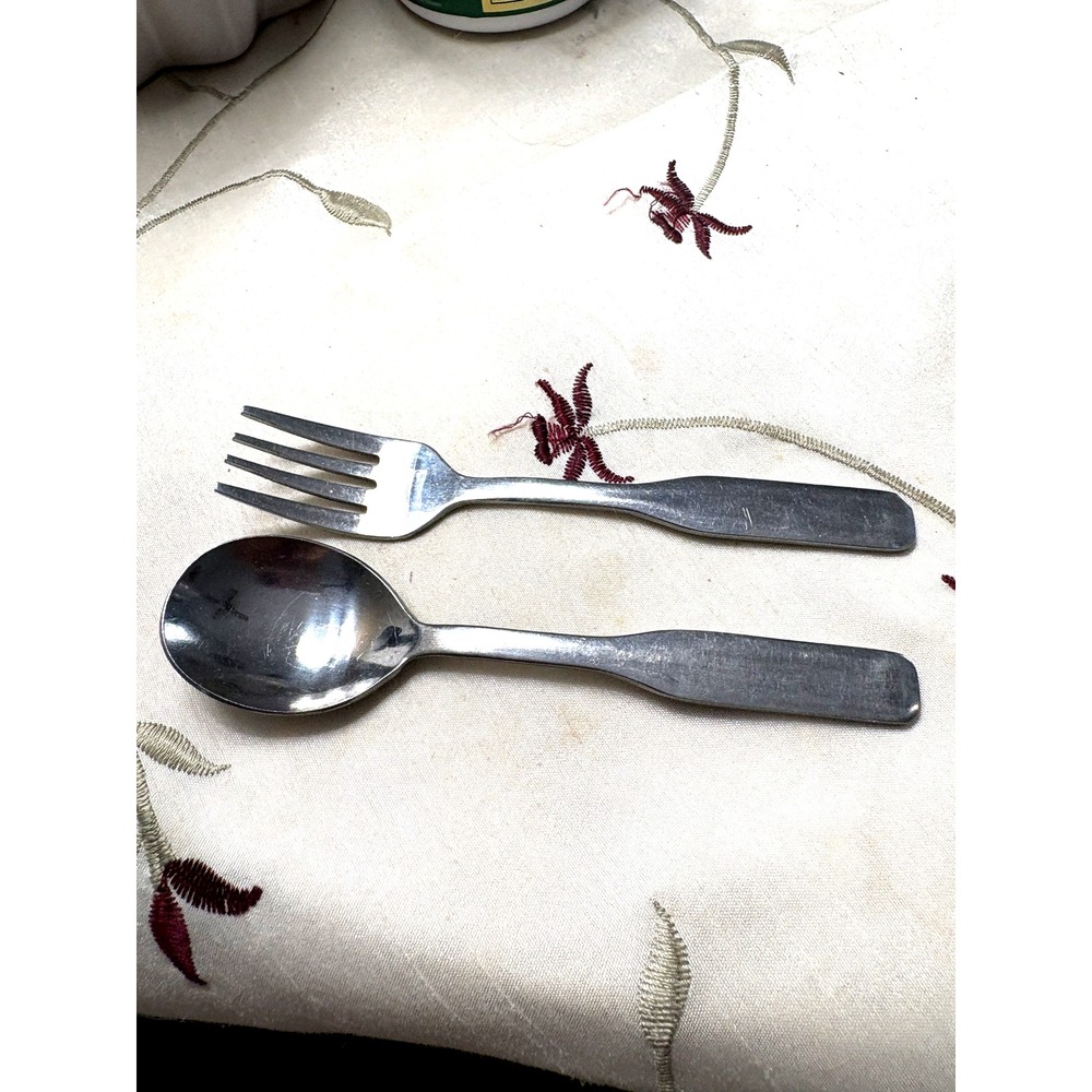Child's Stainless Steel Fork & Spoon Set Flatware 4.5" Minimalist Vtg